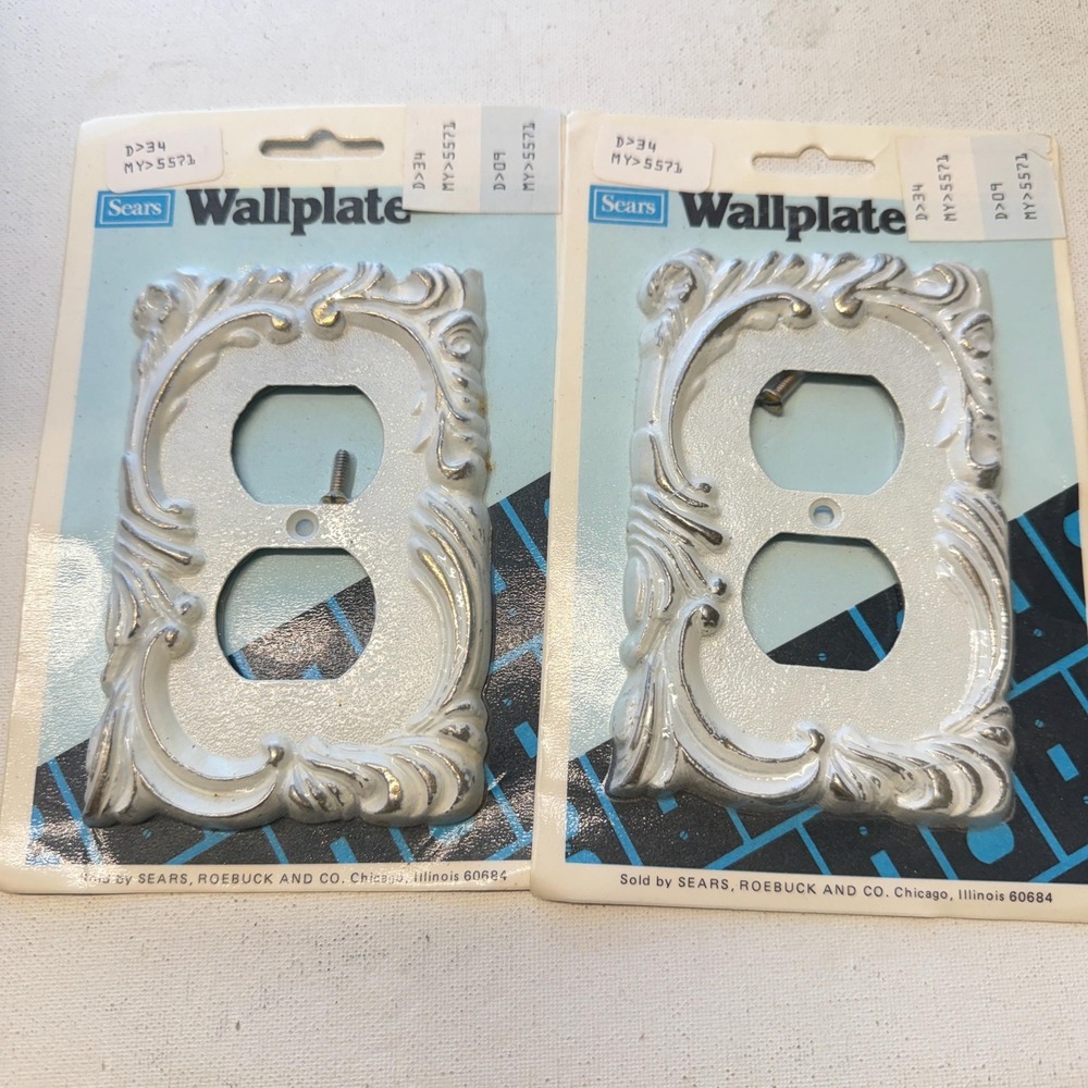 2x Sears Vintage White Metal Plug Outlet Wall Plate Cover Duplex Farmhouse